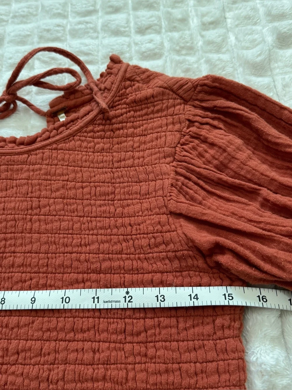 Free People Medium Rust Orange Smocked Textured Puff Sleeve Crop Cropped Top